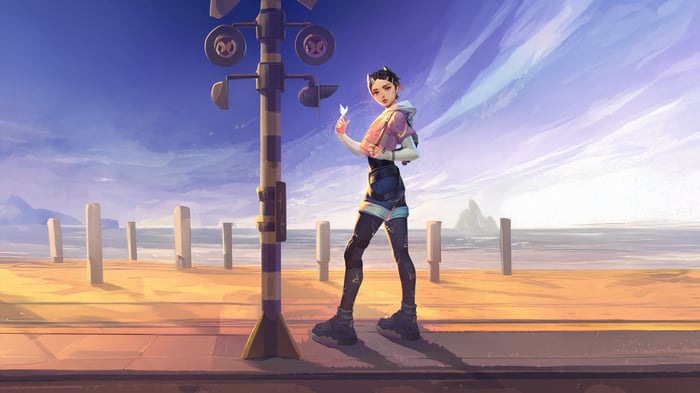 Girl with butterfly at railroad crossing