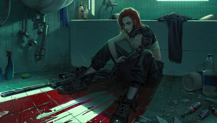 Dark Anime Girl In Abandoned Bathroom