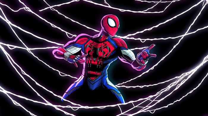 Spider-Man in a web of purple energy