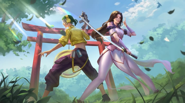 Anime warriors with swords under a Torii gate