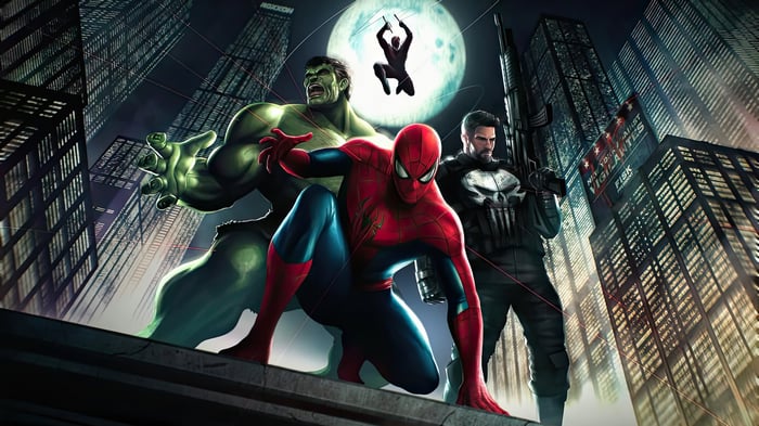 Marvel Heroes Spider-Man, Hulk, and Punisher in City