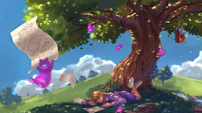 Girl drawing under a tree with purple bears