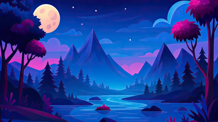 Dreamy Night Landscape with Mountains and Moon