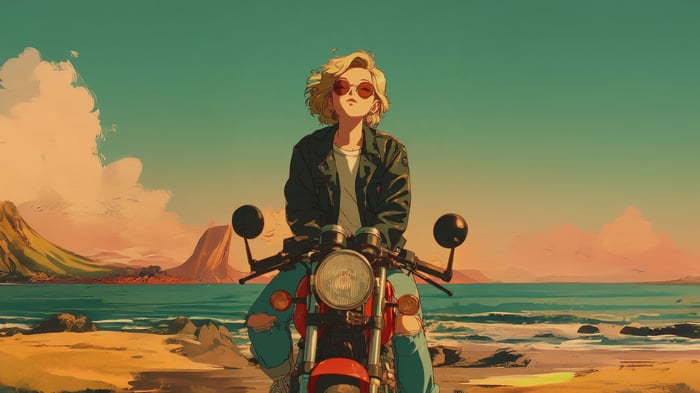 Anime Girl Rider on Motorcycle at Coastal Golden Hour