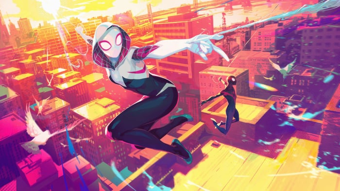 Gwen Stacy and Miles Morales swinging through a city