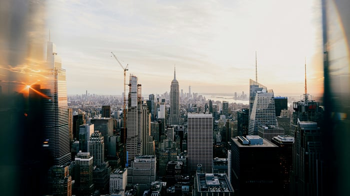 Sunset over New York City skyline with Empire State Building