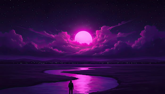 Purple Horizon with a lone figure by a river