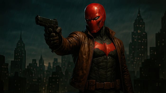 Red Hood holding a gun in a rainy city