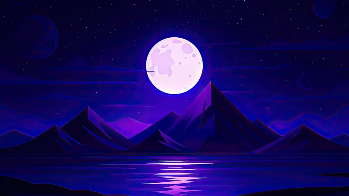 Moonlit night landscape with mountains and water