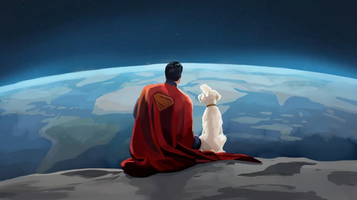 Superman and Krypto sit on the moon overlooking Earth