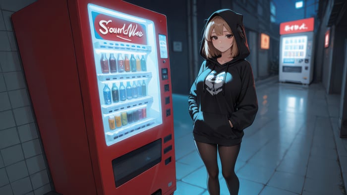 Anime girl in black hoodie by vending machines at night