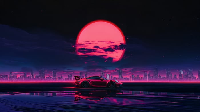 Red Porsche GT3 in Retrowave Cityscape
