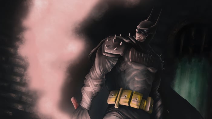 Batman in a dark, smoky environment