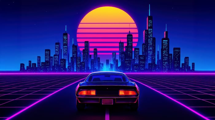 Retrowave City Skyline Drive with Neon Grid