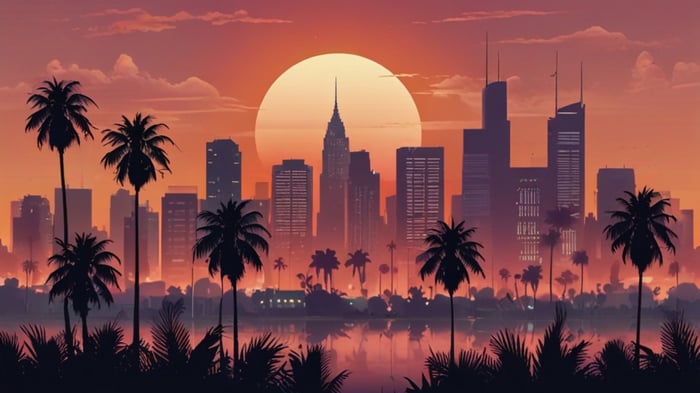Palm trees and city skyline at sunset