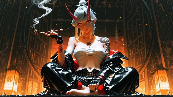 Demon Queen with Red Horns Smoking a Pipe
