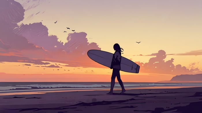 Surfer girl walks on beach at sunset