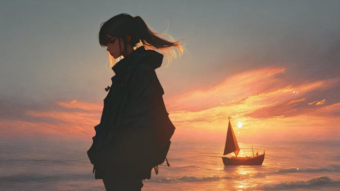 Anime girl and sailboat at sunset