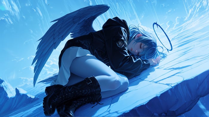 Anime Girl with Blue Angel Wings Resting