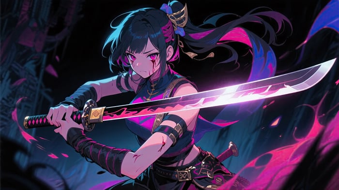 Anime warrior with glowing pink and blue katana