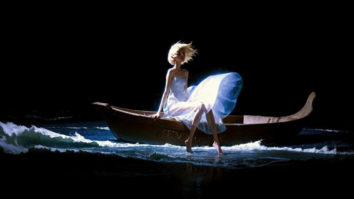 Ballet dancer in white dress on a boat in water