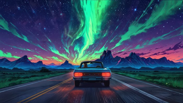 Car driving under Northern Lights