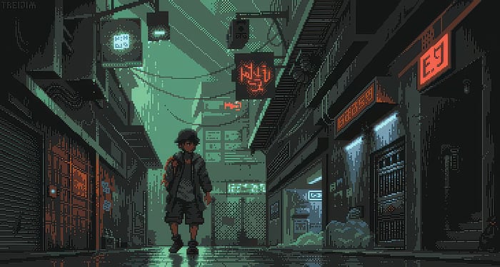 School Boy Roaming Streets in Pixel Art