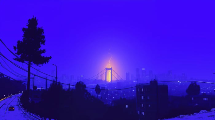 Lightning strike over a bridge in a city at night