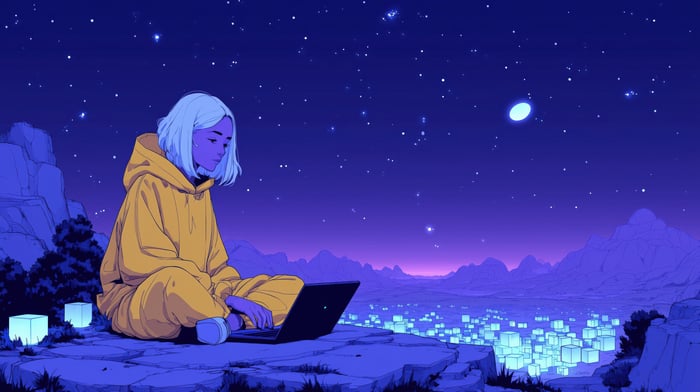 Girl with white hair using a laptop in mountain hills
