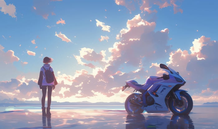 Anime girl and motorcycle on a reflective beach