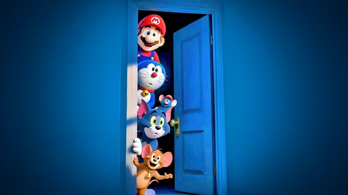 Mario, Doraemon, Tom and Jerry peeking from a blue door