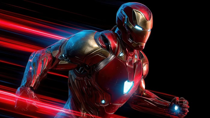 Iron Man in motion with red and blue light streaks