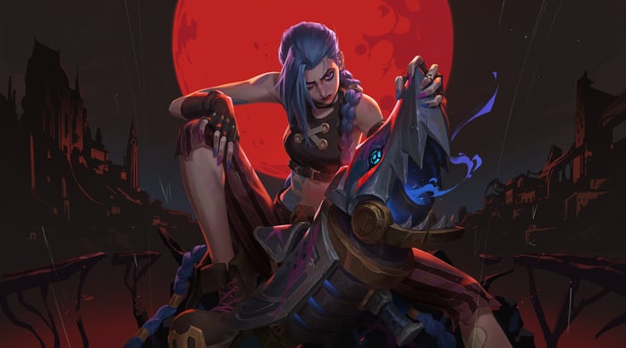 Jinx sits on a creature with a red moon behind her