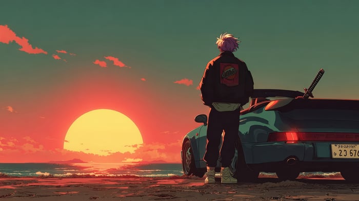 Anime boy with katana and Porsche at sunset