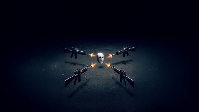 Hockey Mask Surrounded by Firing Rifles