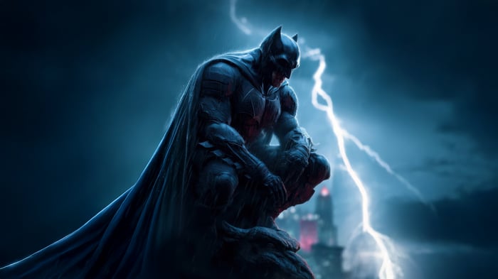 Batman Crouching on a Gargoyle During a Lightning Storm