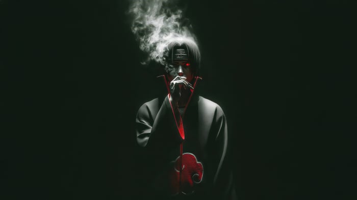Itachi Uchiha smoking with red eyes and smoke