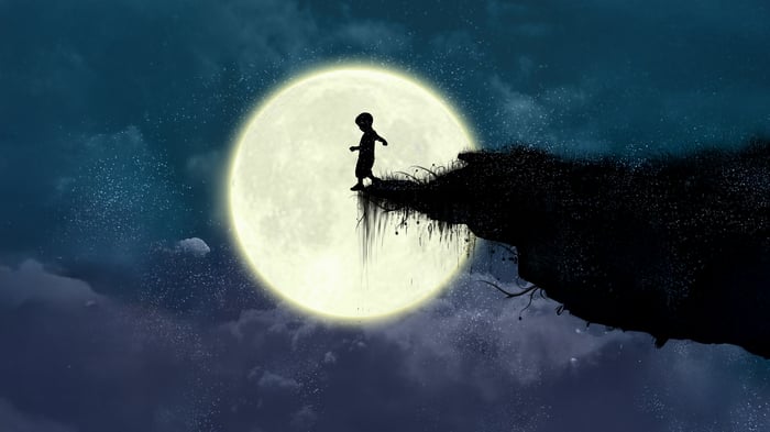 Silhouette of a child on a cliff edge with a large moon