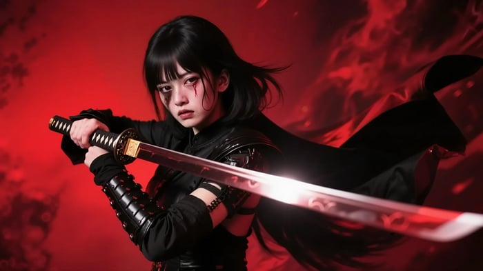 Samurai warrior with katana in red atmosphere
