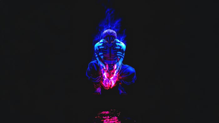 Akaza From Demon Slayer Crouching with Blue and Pink Flames