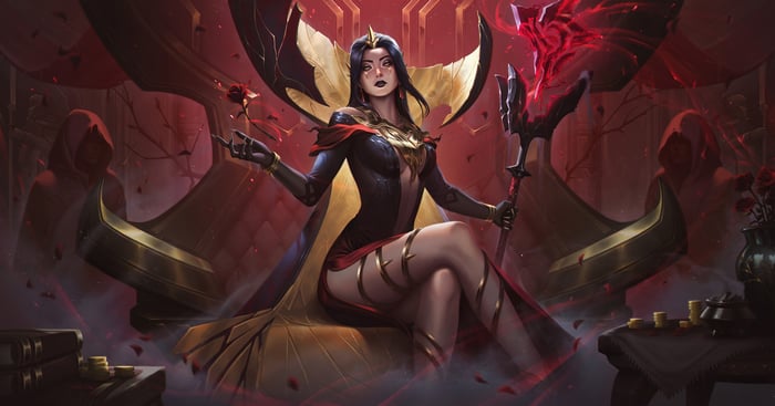 Leblanc from League of Legends sitting on a throne