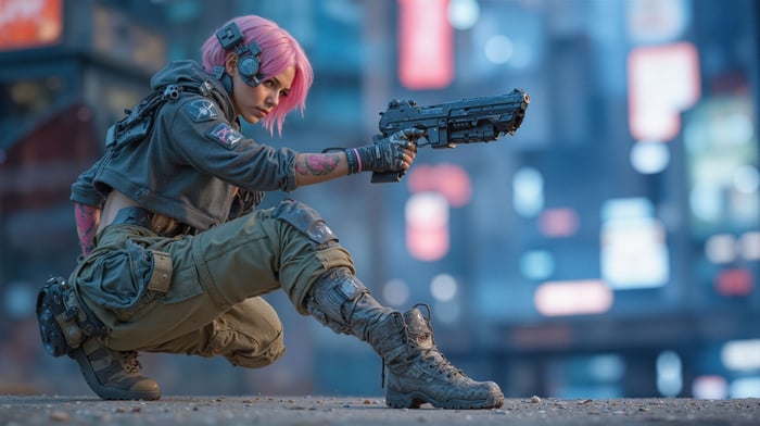 Pink Haired Cyberpunk Girl Holding a Gun