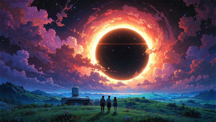 Eclipse of Dawn with Three Friends Under a Burning Sky