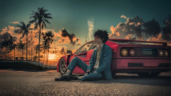 Man with Red Ferrari and Palm Trees at Sunset