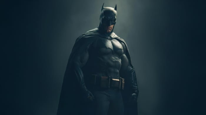 Batman stands in a dark, smoky environment