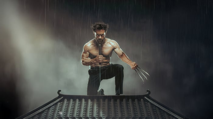Wolverine with adamantium claws on a rooftop