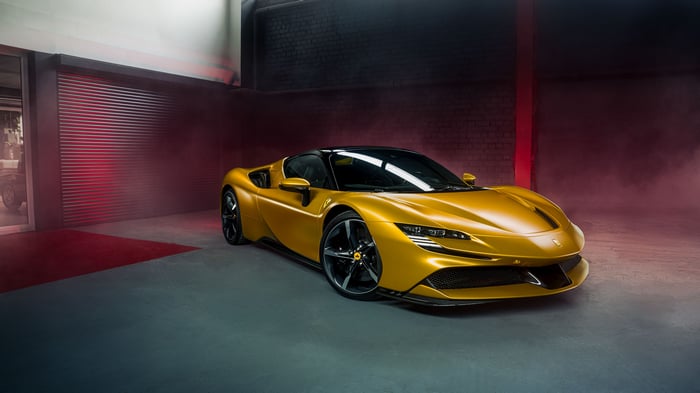 Yellow Ferrari SF90 in a Garage