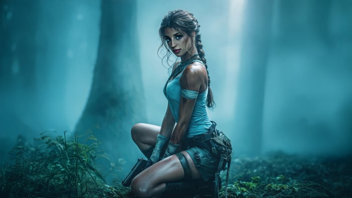 Lara Croft in a misty forest with a gun