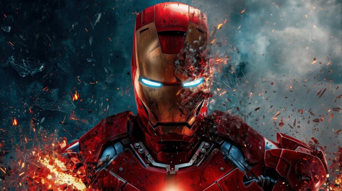 Iron Man suit exploding with debris and fire