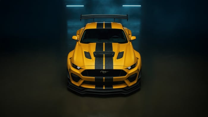 Yellow Ford Mustang Shelby GT500 with Black Stripes